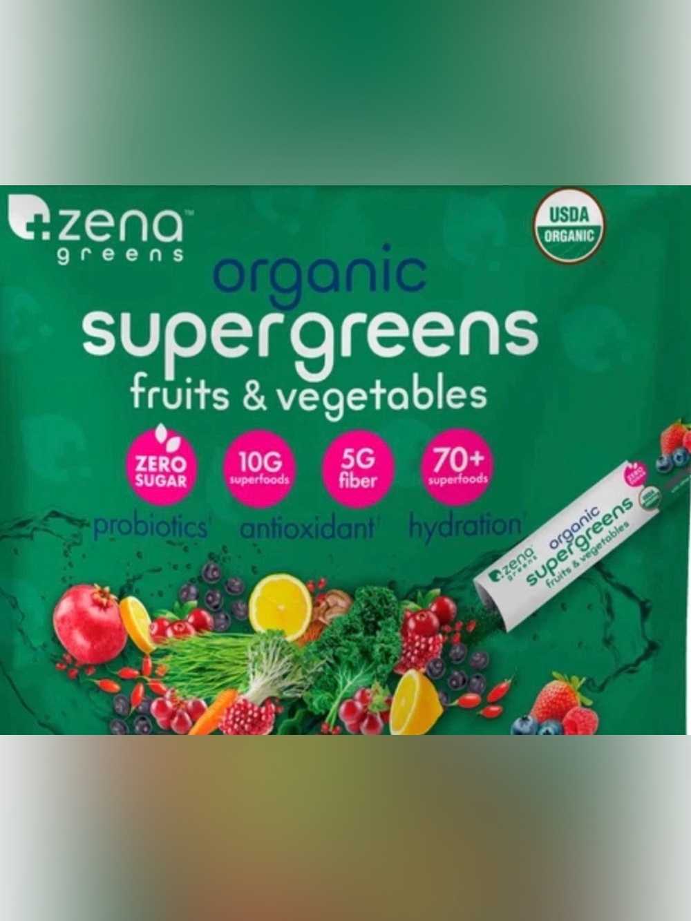 Zena Organic Supergreens Fruits & Vegetables Powder 15 sachets EXP 09/2026